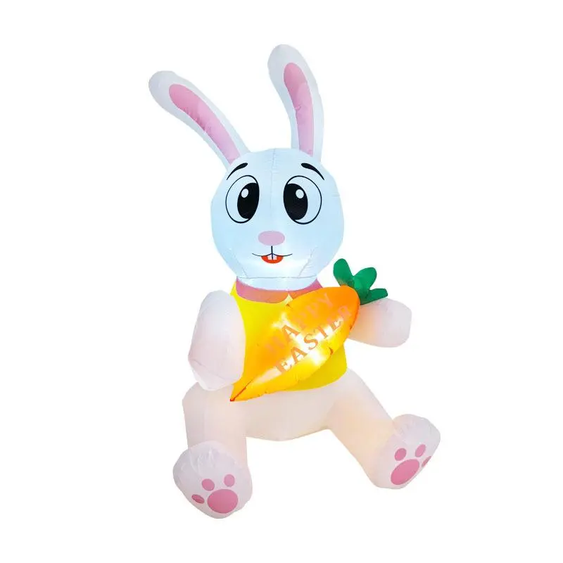 4.76FT Easter Inflatable White Bunny Hold Carrot Lighted Happy Easter Yard Lawn Decoration with Built-in Fan and Stakes Ropes Outdoor Yard Lawn Garden Decorations