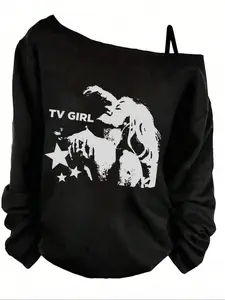 Women's Fitted Sexy Printed Spaghetti Strap Asymmetrical Long Sleeve Top Piece, Adjustable Shoulder Straps, Casual Everyday Fashion Womenswear for Spring & Fall