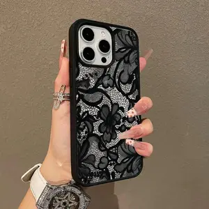 Adorable Magnetic Case,phone Case Suitable for Iphone 11/12/13/14/15/16/17 Pro Promax Plus Air,Black Lace Pattern MagSafe Compatible, Lightweight, Anti-Fall | Girly & Chic Style