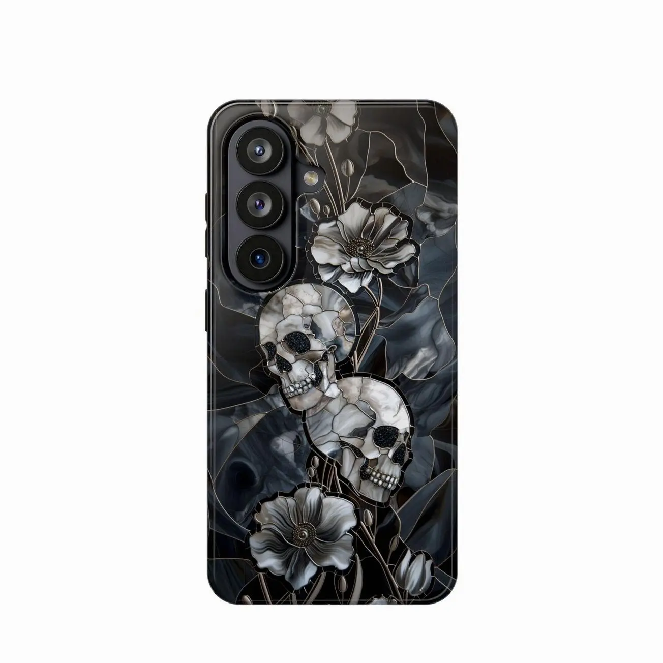 Skulls and Wildflowers Tough Phone Case, Gothic Mosaic PRINTED Protective Cover, Grunge Alternative Y1670 | Phone Case Compatible with iPhone 17 16 15 14 13 12 11 pro pro max & Samsung S26 S25 S24 S23 S22 Durable Protection Dual Layer Design Glossy