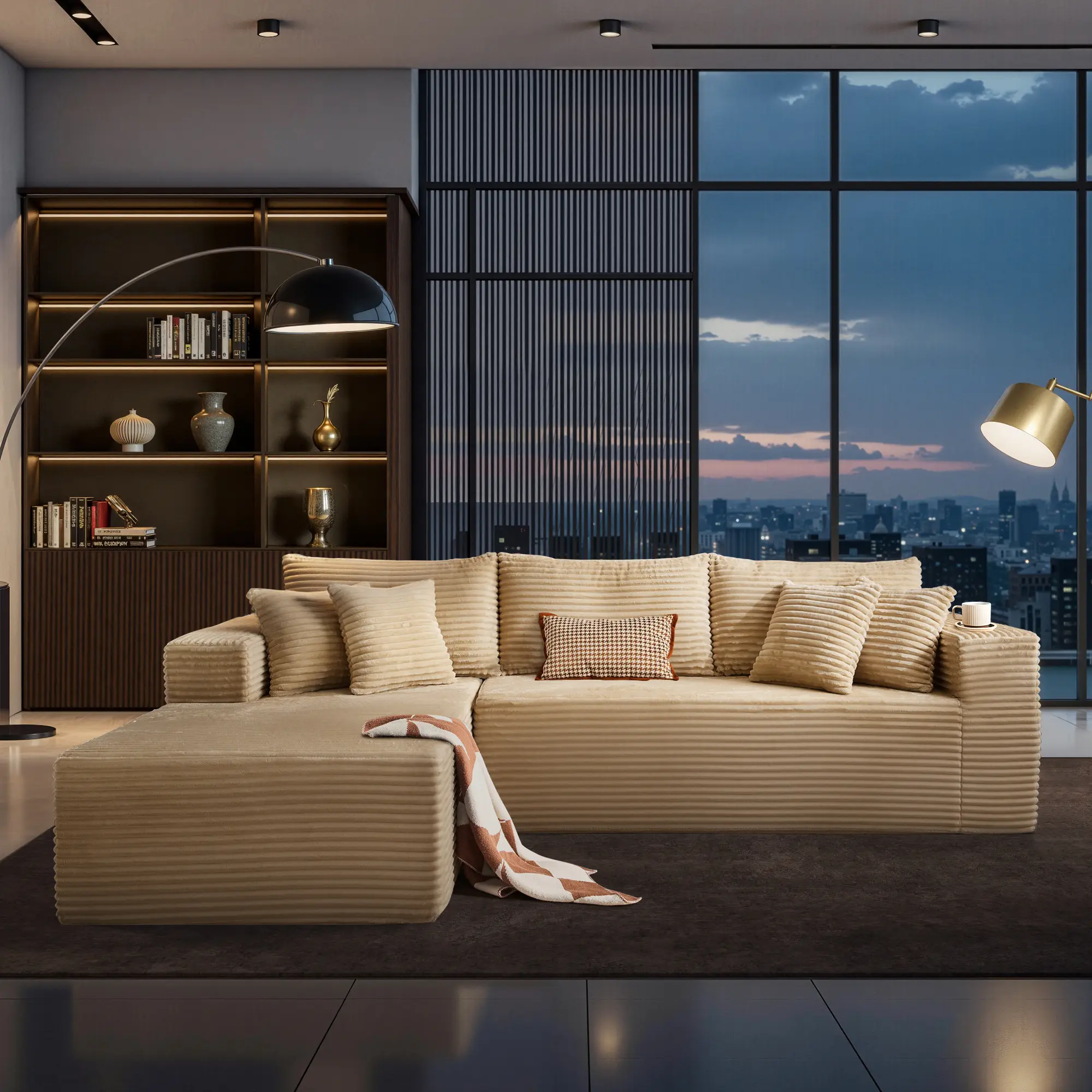 Beige Corduroy Left Chaise Without Ottoman