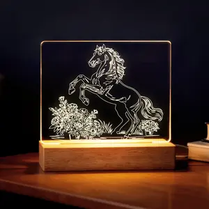 Elegant Horse Night Light - Wooden Base 3D Acrylic LED Lamp, Soft Warm Glow for Bedroom, Unique Animal Decor & Thoughtful Gift Idea