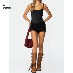 Women's Summer Lacey Ruffled Romper Black Sleeveless Open BackTiered Lace Playsuit