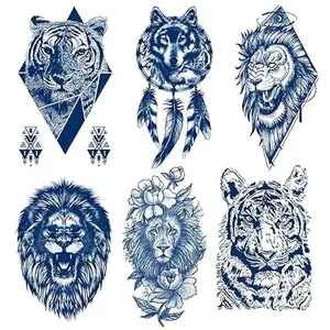 Animal Semi Permanent Tattoo, 6-Sheet Long Lasting 1-2 Weeks Temporary Tattoos Animal Tiger Lion Wolf Tattoo Stickers, 100% Plant-Based Ink Infinity Realistic Fake Tattoos for Adult Kids