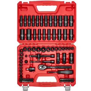 fathersdaygift VEVOR 3/8 in Drive Impact Socket Set, 96 Piece, 6 Point Deep Shallow Impact Sockets, SAE (5/16 in to 3/4 in) and Metric (8 to 22 mm) Sizes with 3 in 6 in Extension Bars, Cr-V Steel, Carrying Case