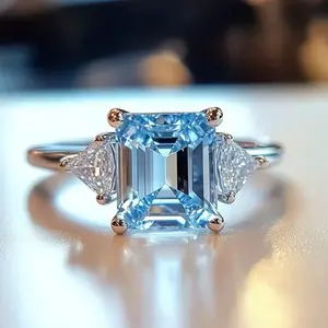 Set of 1 elegant silver plated engagement/wedding ring with blue synthetic square cubic zirconia, suitable for wedding, party, daily wear and valentine's day or anniversary