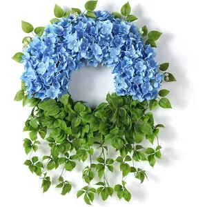 Artificial Hydrangea Wreath for Front Door Outside -  Hydrangea Real  Ivy, Spring Summer Greenery  Wreath, for  Mantel Window Farmhouse Decor (23", Blue)