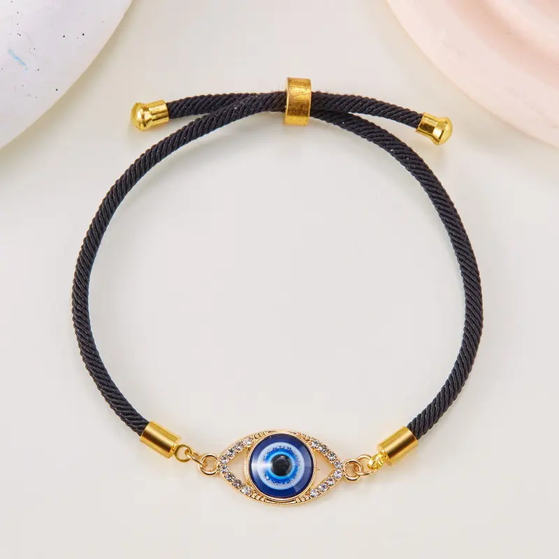Crystal Paved Evil Eye Bracelet, Adjustable Black Cord Nazar Protection Amulet, Hypoallergenic, Non Tarnish Good Luck Spiritual Gift Jewelry for Women Men