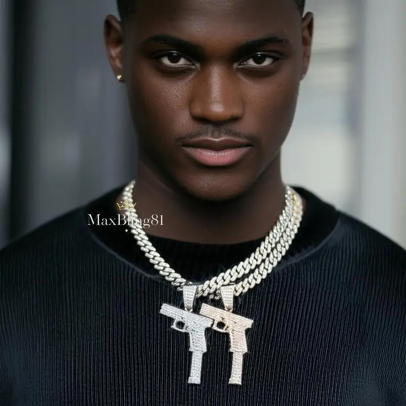 Machine Gun Funk Style Pendant & 15mm 16" 18" 20" 24" Iced Cuban Chain Hip Hop Necklace Jewelry Accessory Machine Gun Funk Style Pendant & 15mm 16" 18" 20" 24" Iced Cuban Chain Hip Hop Necklace Jewelry Accessory