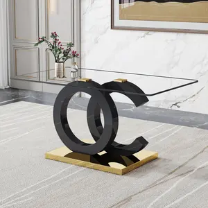 Modern Minimalist Large Rectangular Glass Dining Table - 0.39in Tempered Glass Top, Black MDF OC-Shaped Bracket & Metal Base, Fits 6-8 People, Ideal for Kitchen, Apartment Furniture