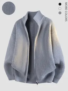 Elegant Men's Solid Color Stand Collar Cardigan, Slim Fit Zipper Sweatshirt, Casual & Formal Wear, Long Sleeve Jacket for Fall Winter