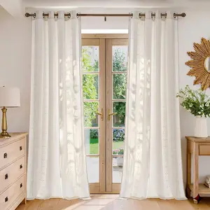 102 Inches Long Curtains, Ivory White Boho Embroidered Cream Textured Long Drapes for High Ceiling, Geometric Pattern Window Treatment for Living Room/Loft, W52" x L102"