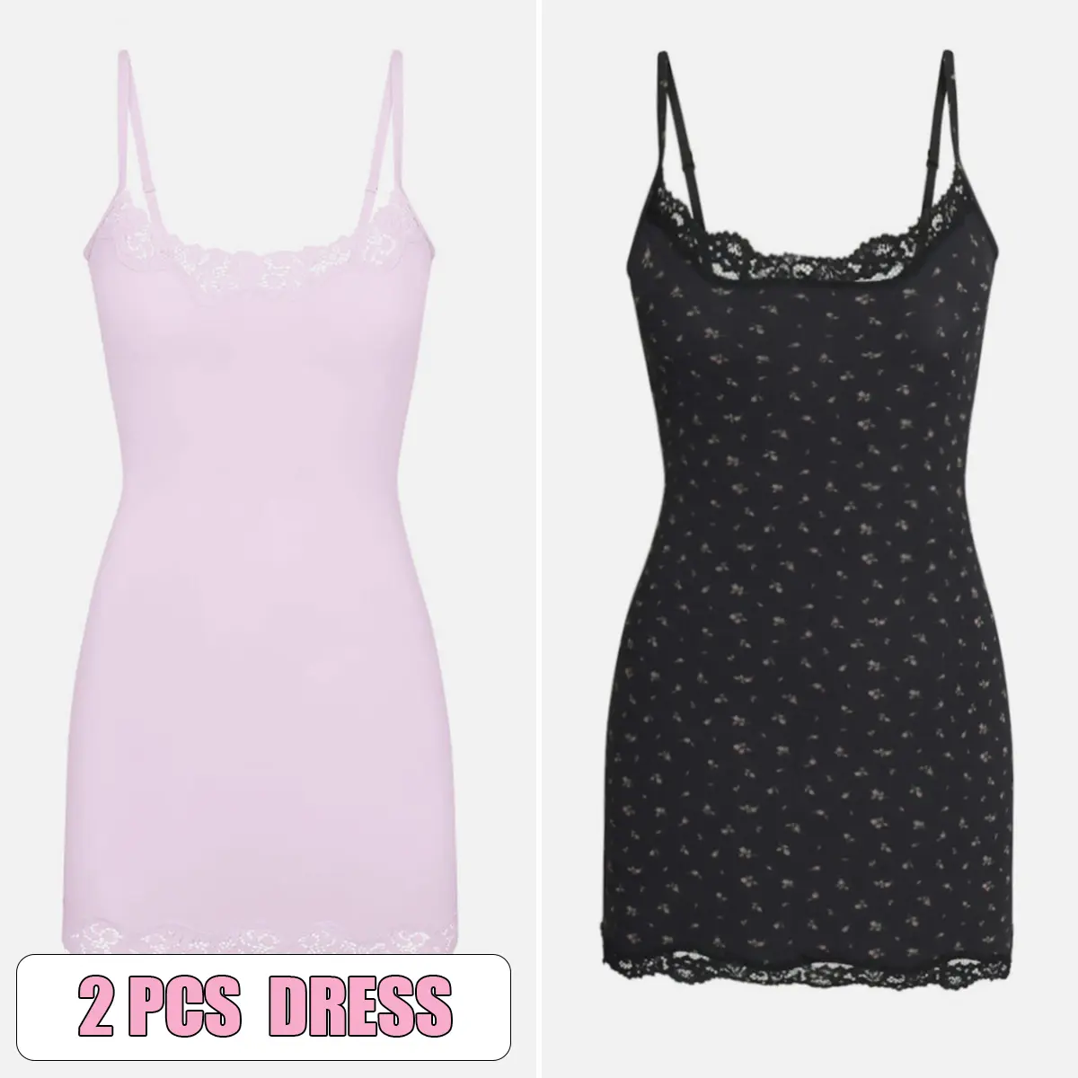 2pcs Dress(Pink/Black Floral)