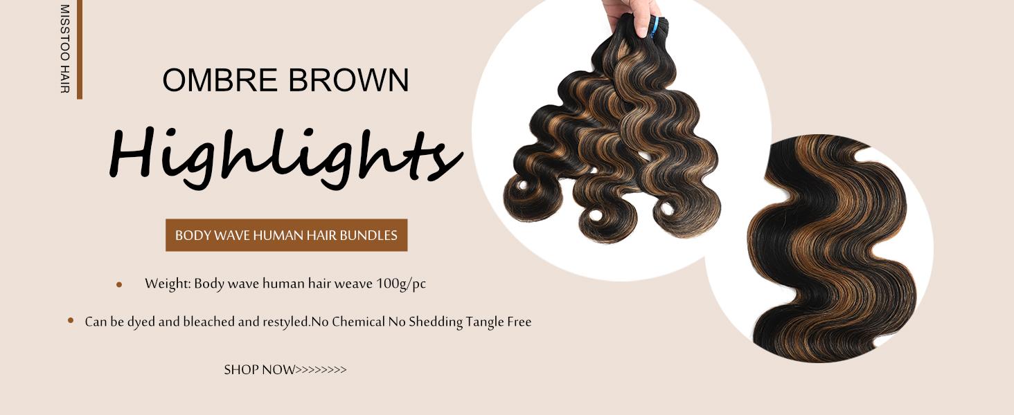 MISSTOO Brown Highlight Body Wave Human Hair Bundles Brazilian Remy Ombre Blonde Wavy Sew in Piano Color T1B/30 Human Hair Weave Bundles