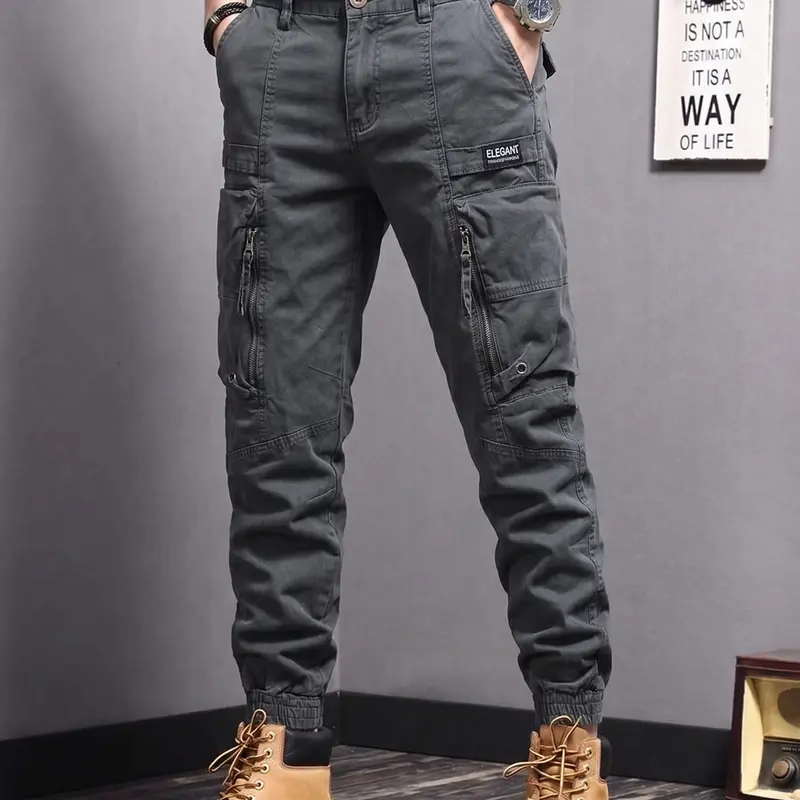 Men's Solid Structured Cotton Jogger Cargo Pants - Side Zipper Pockets, Machine Washable, Repro-Free, Versatile for Casual Outdoor Commuting, Ideal for Gifting
