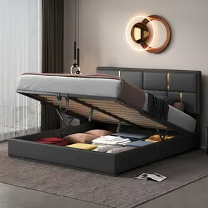 Queen Size Lift Up Storage Bed Frame with Headboard, PU Upholstered Queen Platform Bed with Hydraulic System and Under-Bed Storage, Wood Slats Support, No Box Spring Needed (Black)