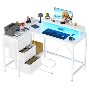 White L-Shaped Corner Computer Desk with Power Outlets, LED Lights, Drawers, Shelves + Modern Swivel Chairs for Home Office Use
