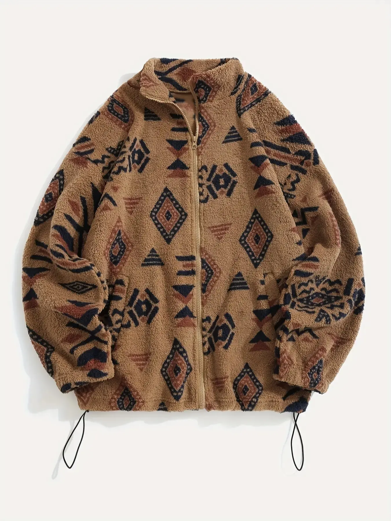 Women Ethnic Tribal Print Aesthetic Adjustable Drawstring Drop Shoulder Zip Up Thick Plush Casual Warm Loose Comfy Outerwear Coat Jackets Lady Stand Collar Long Sleeve Fall Winter Lightweight Cozy Trendy Streetwear Vacation Beach Travel Resort Holiday Dai