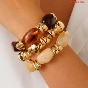3‑Piece Vintage Resin Beaded Bangle Set Handmade Colorblock Stackable Fashion Jewelry Accessory For Casual Daily Wear