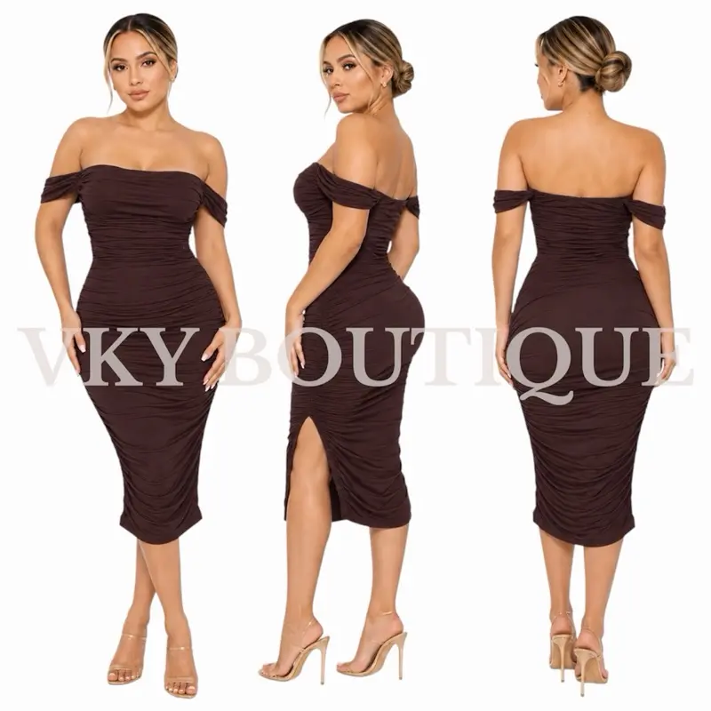 Off Shoulder Ruched GU Midi Dress – Side Slit Bodycon Party Dress