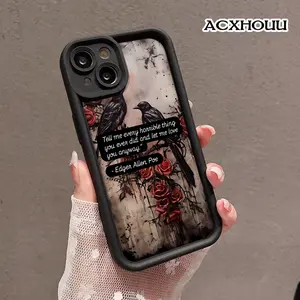 Poe Quote with Crows and Roses Soft Case for iPhone 16 E Pro Max 15 Plus 14 13 12 11 XS XR Silicone TPU Scratch-Resistant Rugged Durable Cover Gift