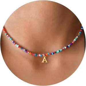 Colorful Beaded Initial Necklace Gift for Girls - Cute Initial Necklace for Girls Children Jewelry A-Z Letter Choker Necklace for Women Birthday Gift for Teenage Daughters Nieces Granddaughters