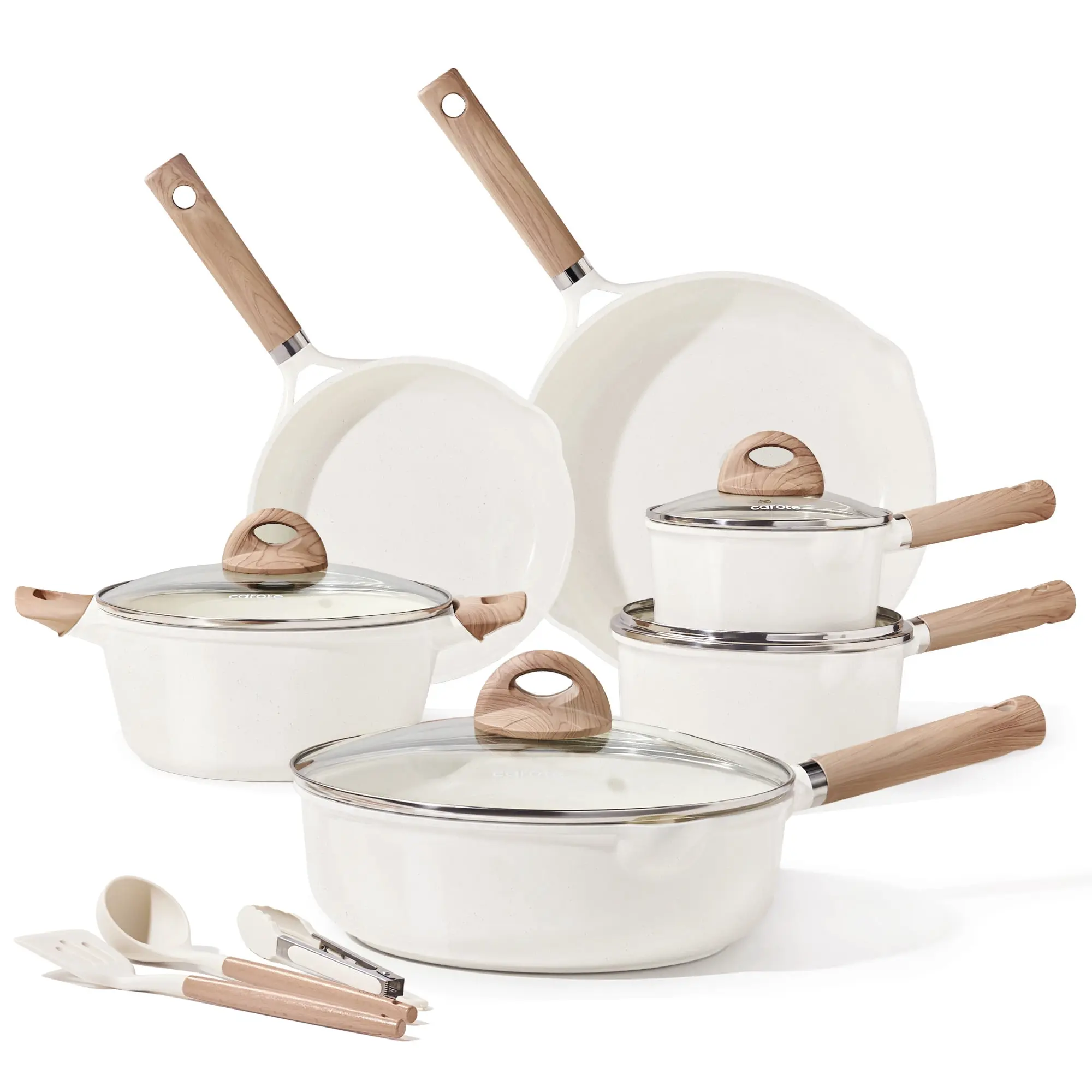 Carote Ceramic Nonstick Pots and Pans Set, 13 Pieces Kitchen Cookware Sets Compatible for All Stoves, White Granite