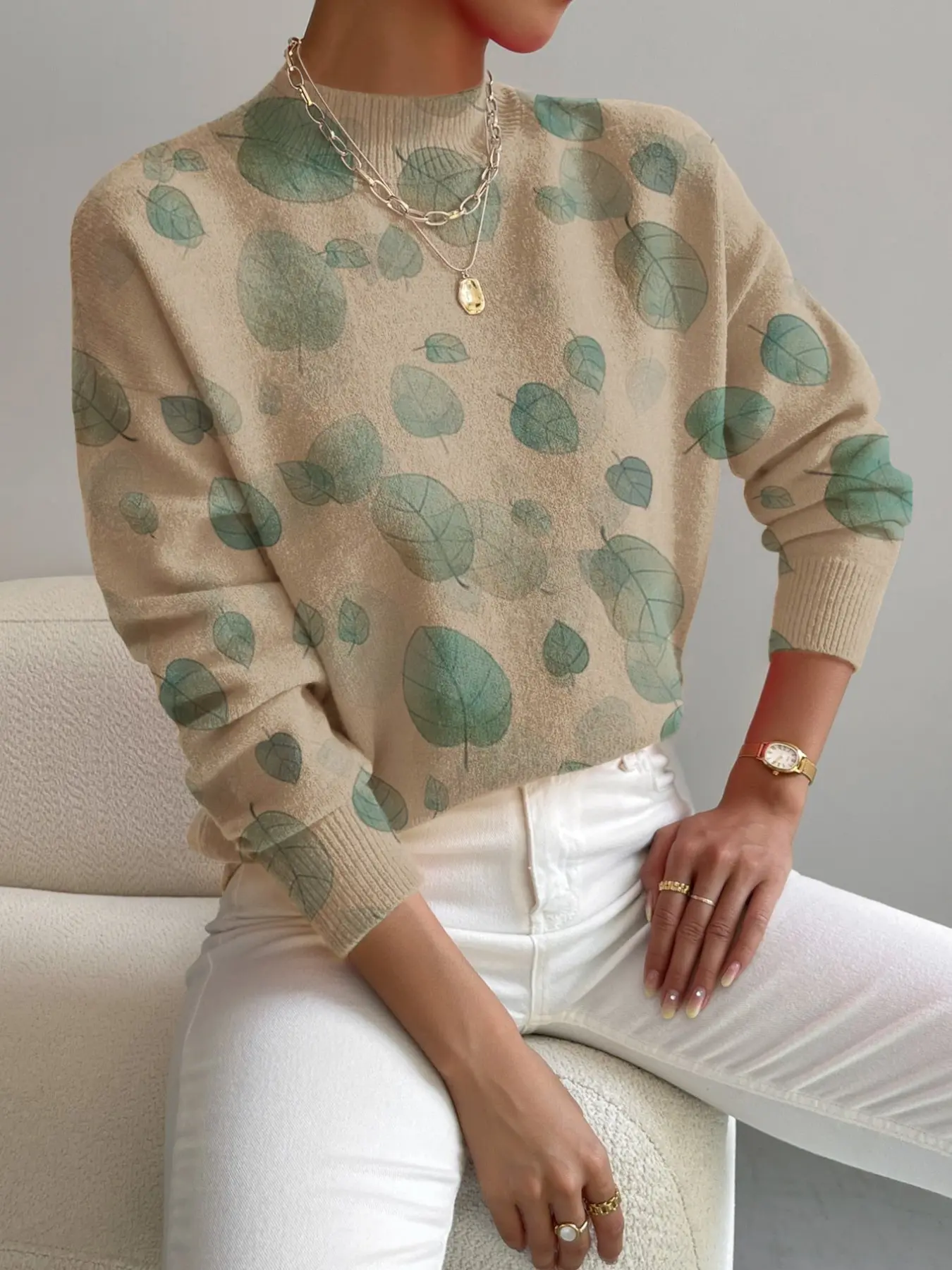 Women's Knitted Sweater with Gradient Leaf Print, Casual Elegant Commuter Wear, Perfect for Spring Autumn Winter, Versatile Ladies' Top