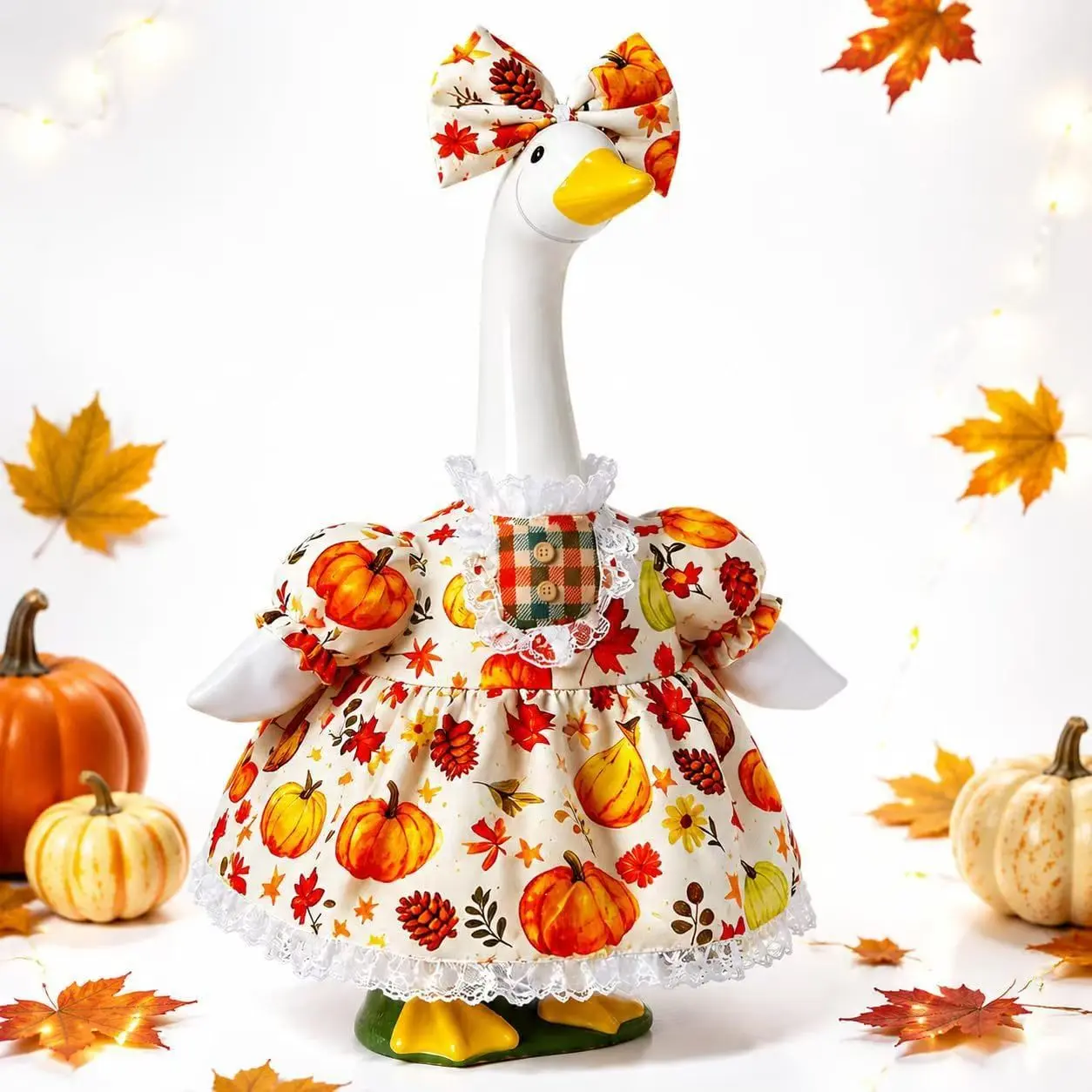 Fall Porch Goose Outfits, Autumn Pumpkin Print Dress with Matching Bow Headband, Thanksgiving Goose Costume Accessories, Fit 23 Inch Cement  Plastic Goose Statue, Outdoor Yard Patio Lawn Decorations