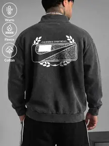 Men's Washed Vintage Half-Zip Hoodie, Casual Fashion Pullover Sweatshirt, Casual Fitted Sweatshirt, Long Sleeve Drop Shoulder Design, Perfect for Daily Wear, Graphic Print Hoodie