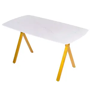 Modern Marble & Tempered Glass Rectangular Dining Table - Golden Metal Legs, Rounded Corners, Heavy-Duty Frame for Home Decor, Kitchen Use