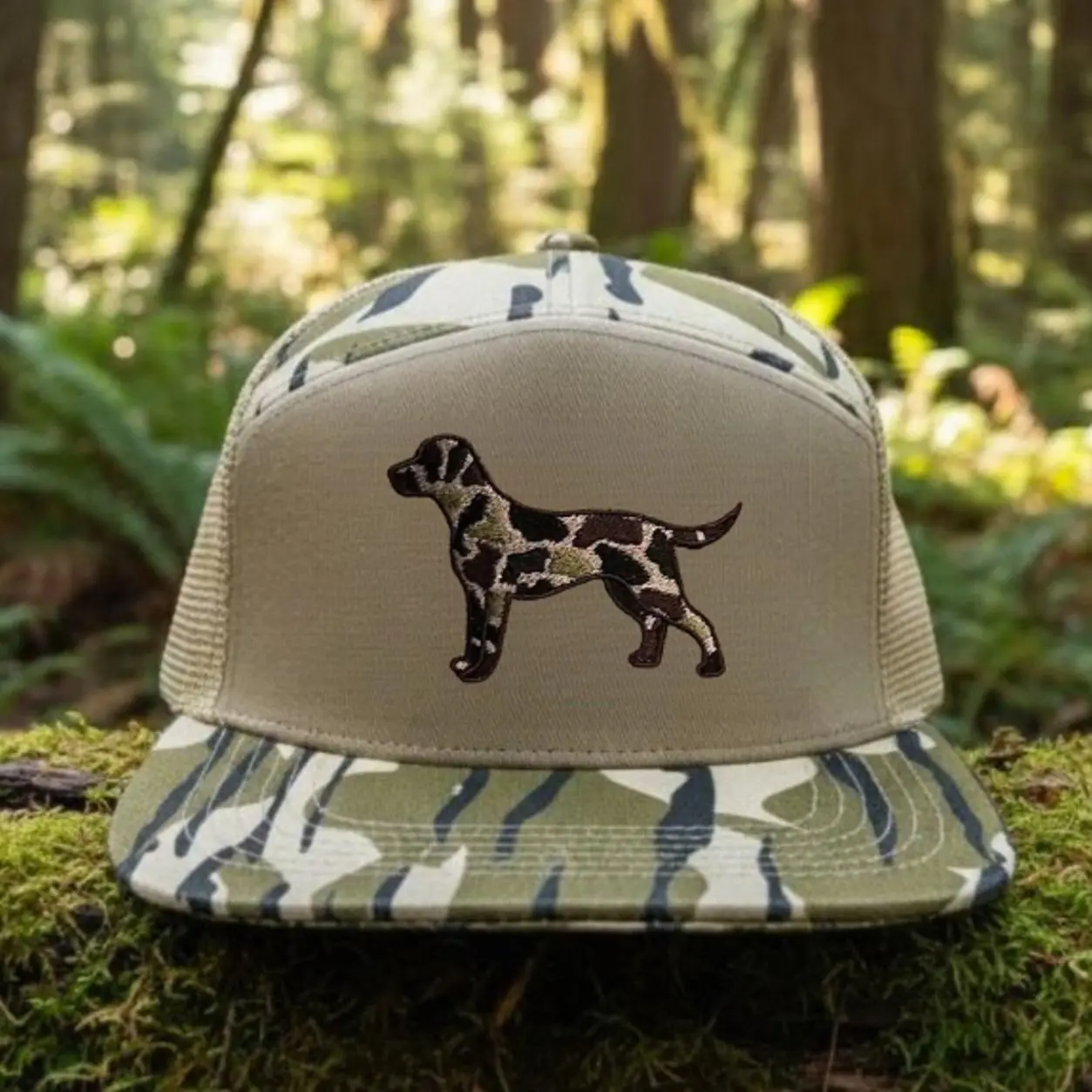 Labrador Retriever Trucker Hat, Hunting Dog Snapback Cap, Camo Dog Embroidered Hat, Mossy Oak Camo Bill Hat, Bird Dog Mesh Trucker Hat, Duck Hunting Cap, Adjustable Snapback, Sporting Dog Lover Gift, Outdoor Hunting Hat