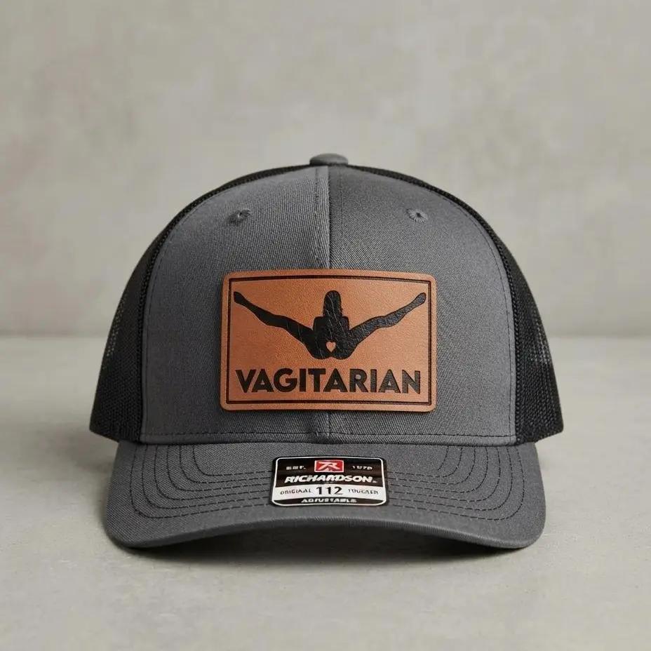 Vagatarian Hat – Funny Leather Patch Trucker Hat, Bold Dark Humor Snapback Cap, Edgy Meme Statement Hat, Viral Tiktok Gift For Him Or Her, Hilarious Adult Humor Hat, Everyday Casual Cap