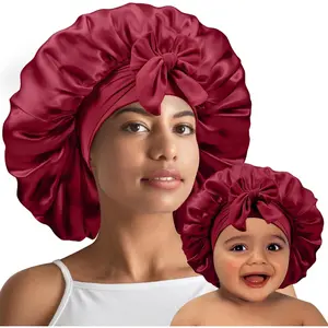 2 count Mommy and Me Bonnet Set,Silk Bonnet for  and Women,Satin Bonnets for Sleeping with Elastic Tie Band,Adjustable Hair Bonnets for Women Girl   Sleeping Caps(Red)