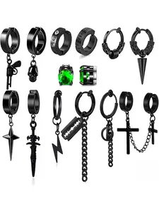 Versatile Black Hoop & Dangle Earrings Set, Multiple Styles Punk Jewelry, Casual Everyday Accessory for Men/Women