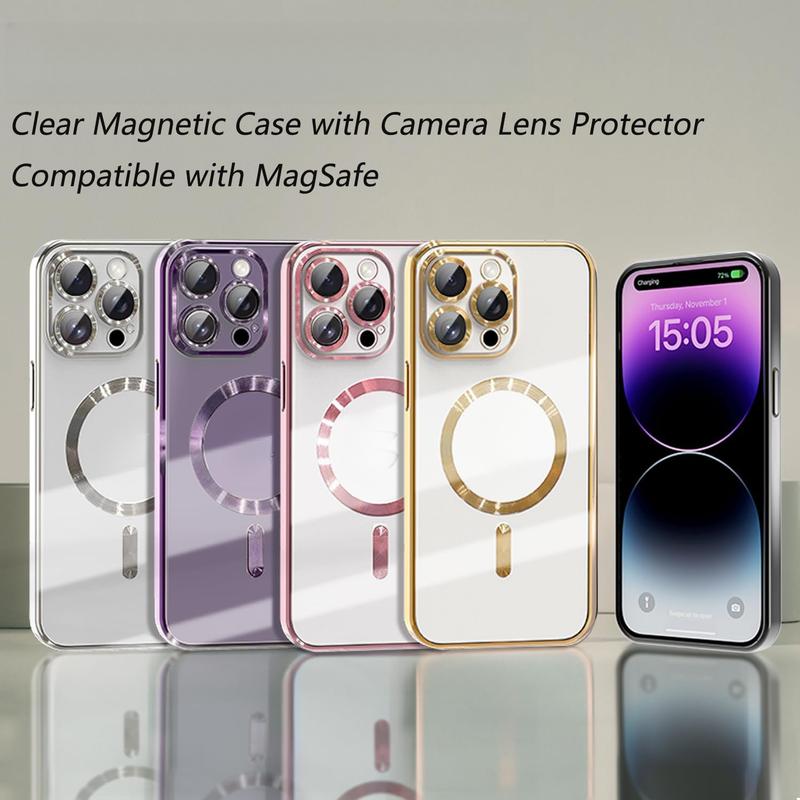 For iPhone17 16 15 14 13 12 11 Pro max Plus MagSafe Cases with Camera Lens Protector Full Protection Clear Magnetic Case Compatible with MagSafe Elegant Anti-Scratch Case Cover Shockproof Protective Case for 17 Pro Max