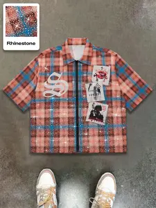 Fashion Luxury Rhinestone Plaid Casual Shirt for Men, Zipper Polo Collar Short Sleeve, Comfortable and Breathable Fabric
