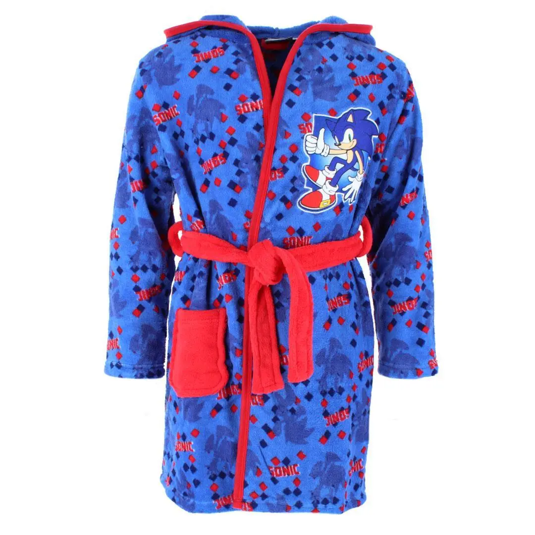 Textiel Trade Boy's Sonic the Hedgehog Bath Robe, Plush Hooded Cartoon Sleepwear with 3D Character Hood, Front Pouch & Waist Tie Fit