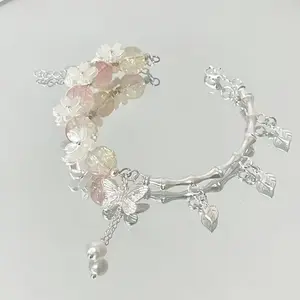 Bohemian Chic Women'S Strawberry & Cherry Blossom Pendant Bracelet - Acrylic Floral Butterfly Charm with Bell, Ideal for Daily Wear & Valentine'S Gifts, Cherry Blossom Bracelet