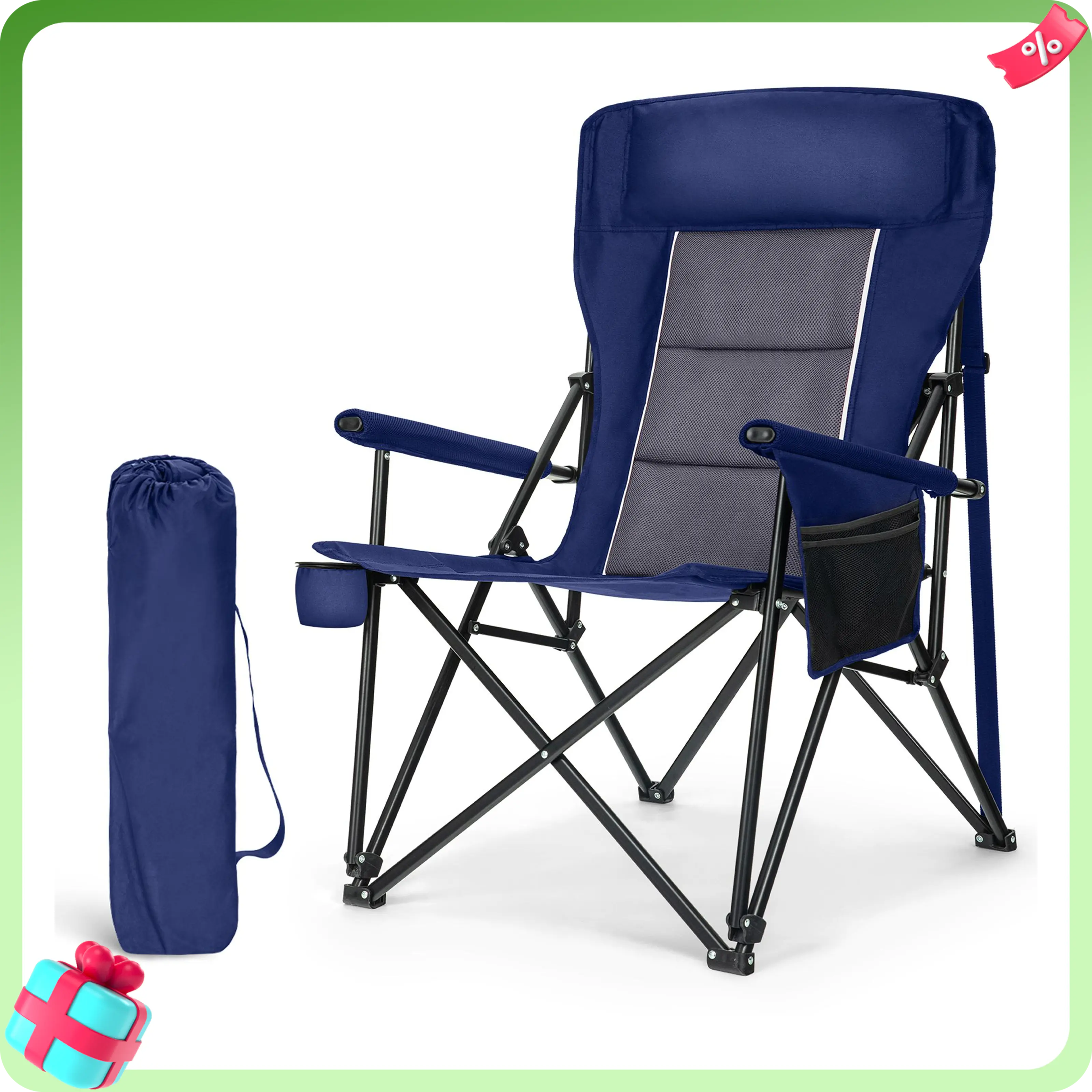 PHIVILLA Oversized Folding Camping Chairs High Backrest Heavy Duty Lawn Chairs for Adults Support 500 LBS Portable Camp Chairs with Cup Holders Large Side Pocket for Outdoor