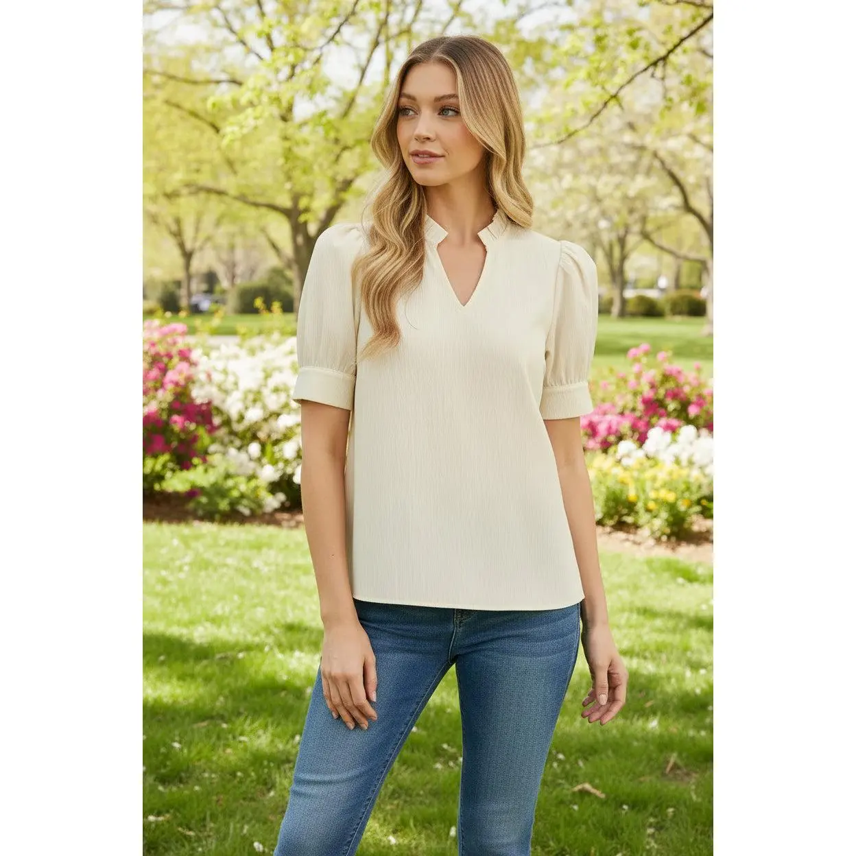 Women's Casual Puff Sleeve Blouse, Solid Crinkle Top with Notched Ruffle Neck, Lightweight and Loose-Fitting for Work Outfits, Shirts, Crinkle Fabric, Style, Plain, Polyester, Everyday, Piece, Shortsleeve, Clothes