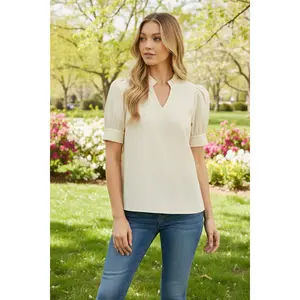 Jodifl Short Puff Sleeve Ruffle Neckline Crinkle Fabric Blouse