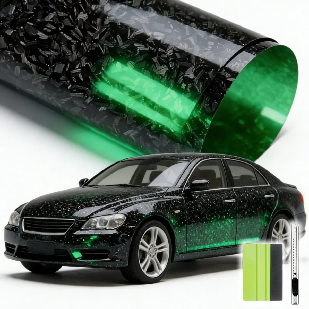 Foneso Green Reflective Gloss Forged Carbon Fibre Body Sticker Kit - 60"x12" Self-Adhesive Air Release Automotive Body Vinyl Wrap Stripe, Car Transformation Accessory with Squeegee, Cutter for BMW, Chevrolet