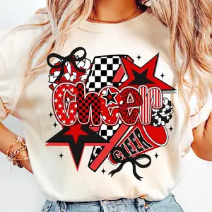 Cheer T-Shirt, Preppy Cheer Mom Shirt , Leopard Checkered Cheerleader Coquette T-Shirt