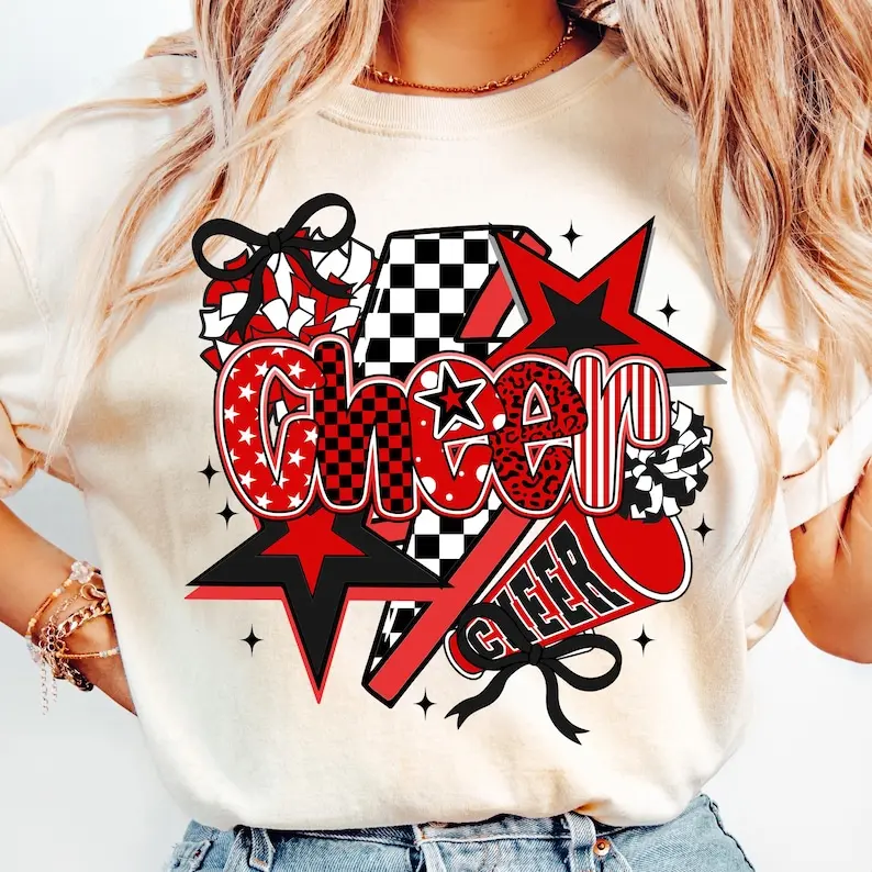 Cheer T-Shirt, Preppy Cheer Mom Shirt , Leopard Checkered Cheerleader Coquette T-Shirt