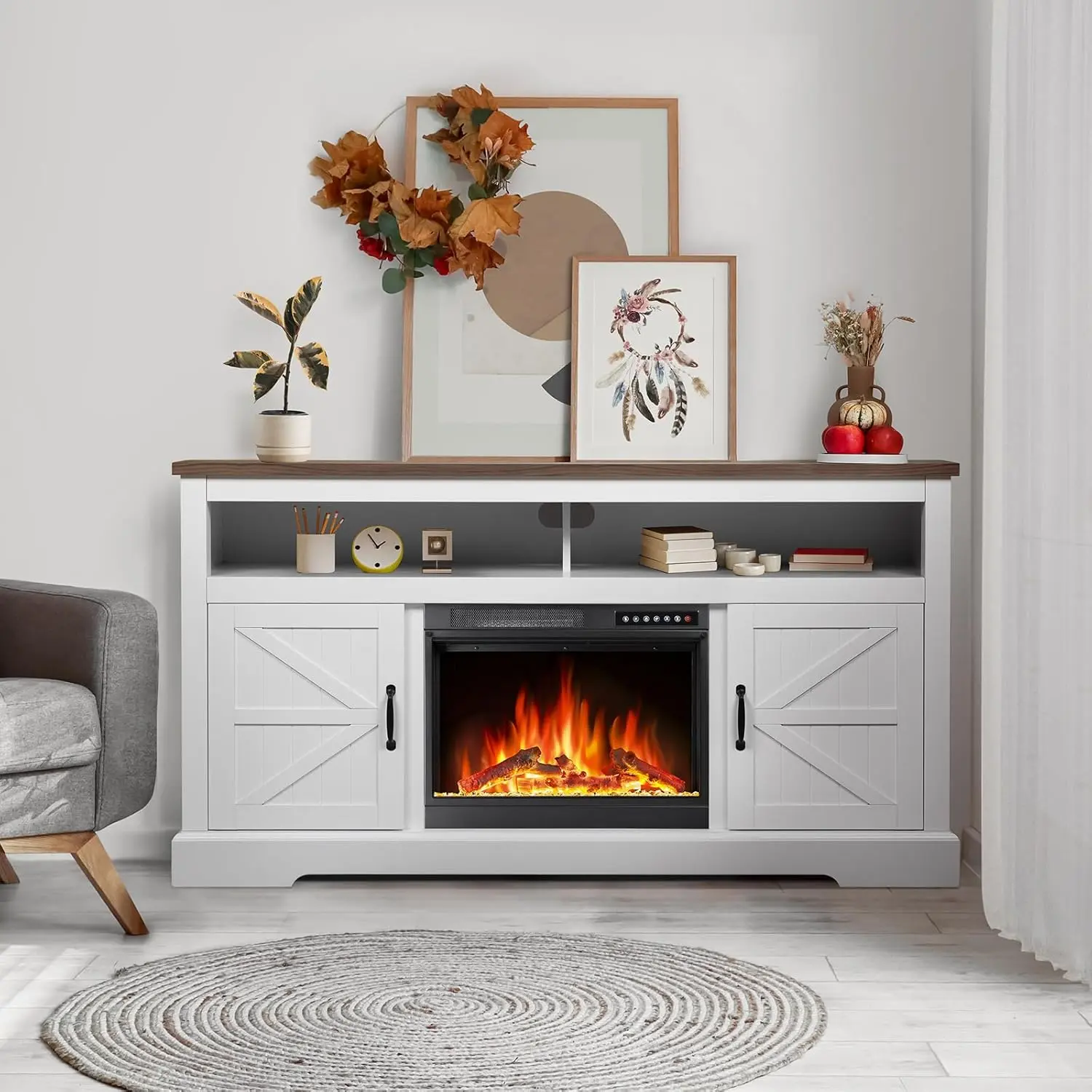 R.W.FLAME 60 In Electric Fireplace with Wooden Mantle - Wall Mount/Recessed/Insert Heater, 4 Flame Colors, 12 Auto-Change Crystal Bed Lights, 5 Adjustable Flame Speed, Zone Heat, Energy Efficient, Remote Control, Overheat Protection for Living Room