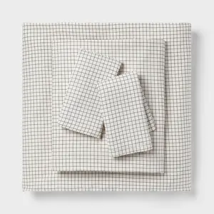 Full Cotton Blend Sateen Sheet Set Ivory Micro Grid - Room Essentials