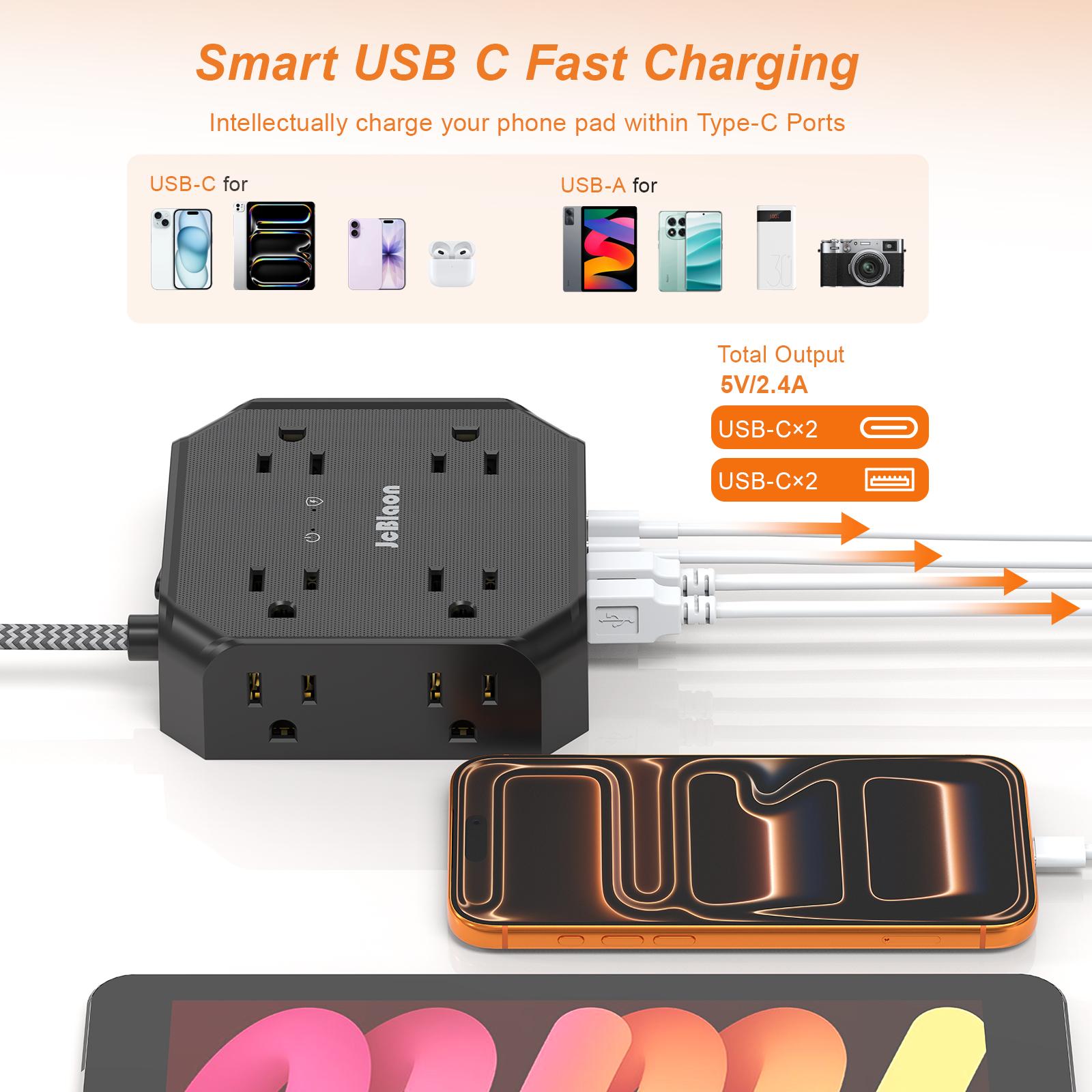 ETL-Certified Surge Protector Power Strip - 10FT/15FT Braided Extension Cord, 3-Sided Square Shape Outlet Extender, 8 Outlets & 4 USB Ports (2 USB-C) for Home Office, Black