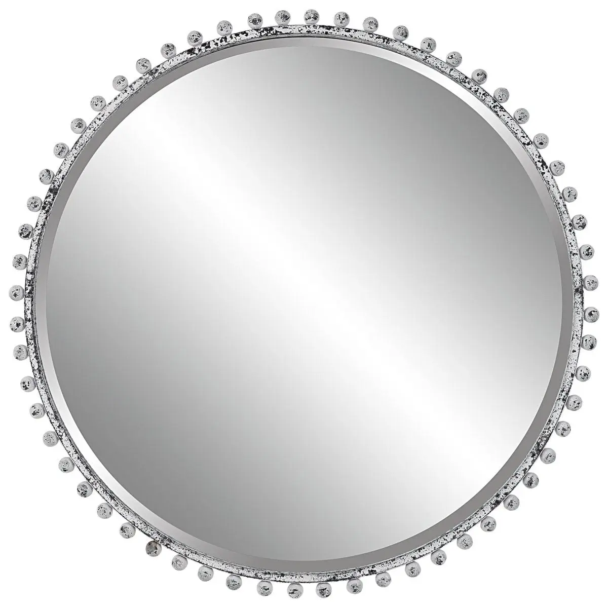 32x32 in Rustic Aged White Round Iron Ball Mirror - Wall-Mounted, Heavy Distress, Beveled Edge Metal Home Decor Accent for Room Styling