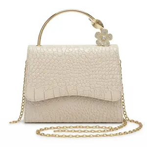 Elegant White Textured Leather Handbag with Rhinestone Flower, Luxury Chain Clutch for Wedding & Party